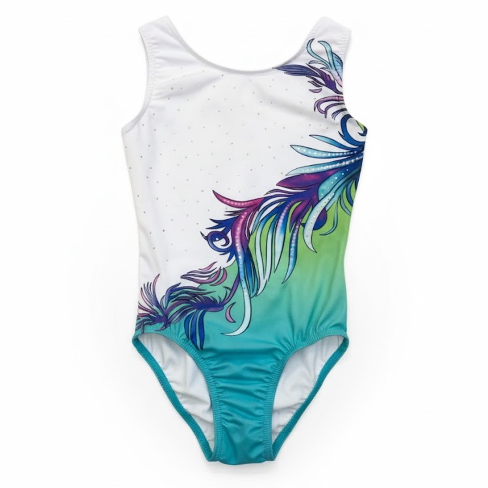 Elegant Teal and White Gymnastic Leotard with Asymmetrical Ombre Design